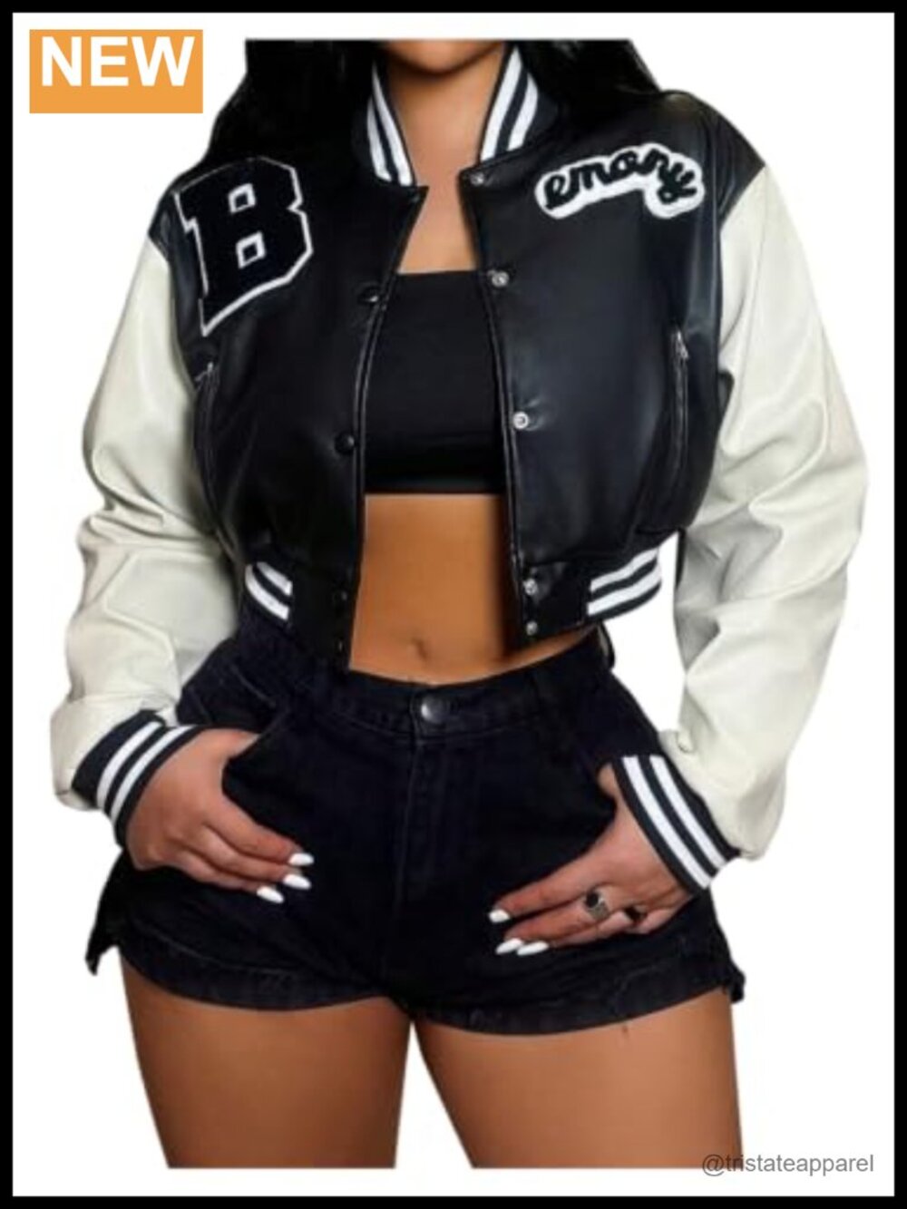 Faux Leather Cropped Varsity Jacket Y2K Color Block Button Up